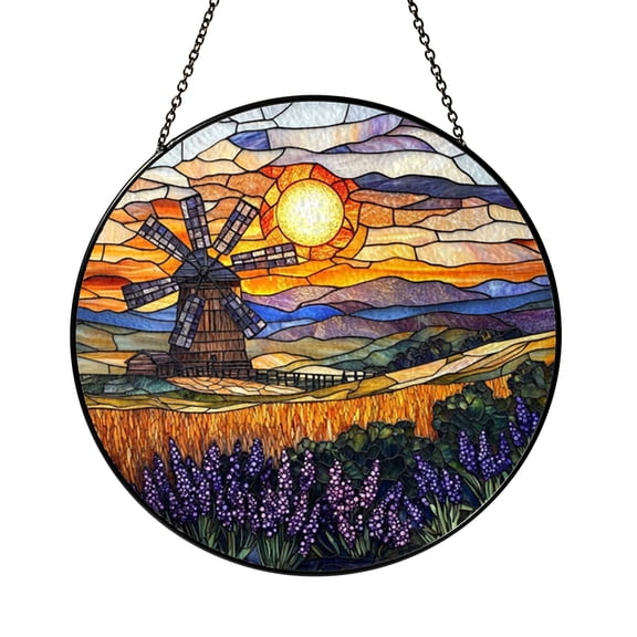 Larkspur Windmill Faux Stained Glass Suncatcher, Landscape Window Hanging with Floral Windmill Scene for Bright Home Decor
