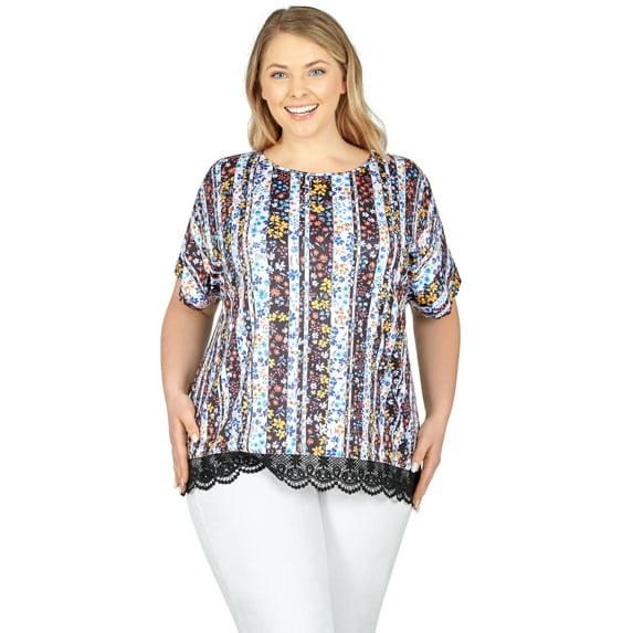 Larky Lark Womens Plus-Size Lace T-Shirt Top In Joyful Stripes