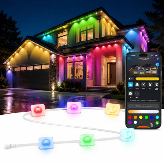 Larleaf Permanent Outdoor Lights, 49FT Christmas RGBIC Eaves Lights, Plug-in Waterproof House Soffit Lights with Remote Control for Patio, Backyard, Works with Alexa, Google, Remote Control