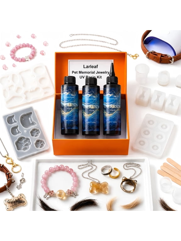 Pet Hair Keepsake UV Resin Kit, DIY Pet Memorial Jewelry Kit with UV Lamp, Silicone Molds, Necklace, Ring, Bracelet & Keychain Molds, Pet Memorial Gift for Dog & Cat Lovers