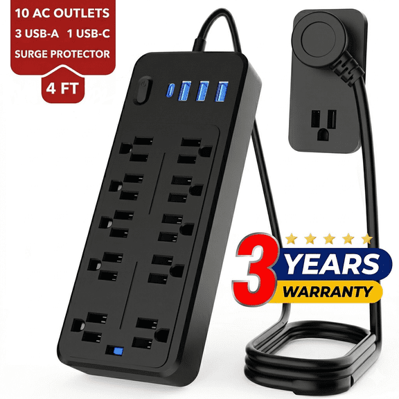 LarmTek 10 Outlet Power Strip Surge Protector with 4 USB Ports, 4ft Extension Cord, Black