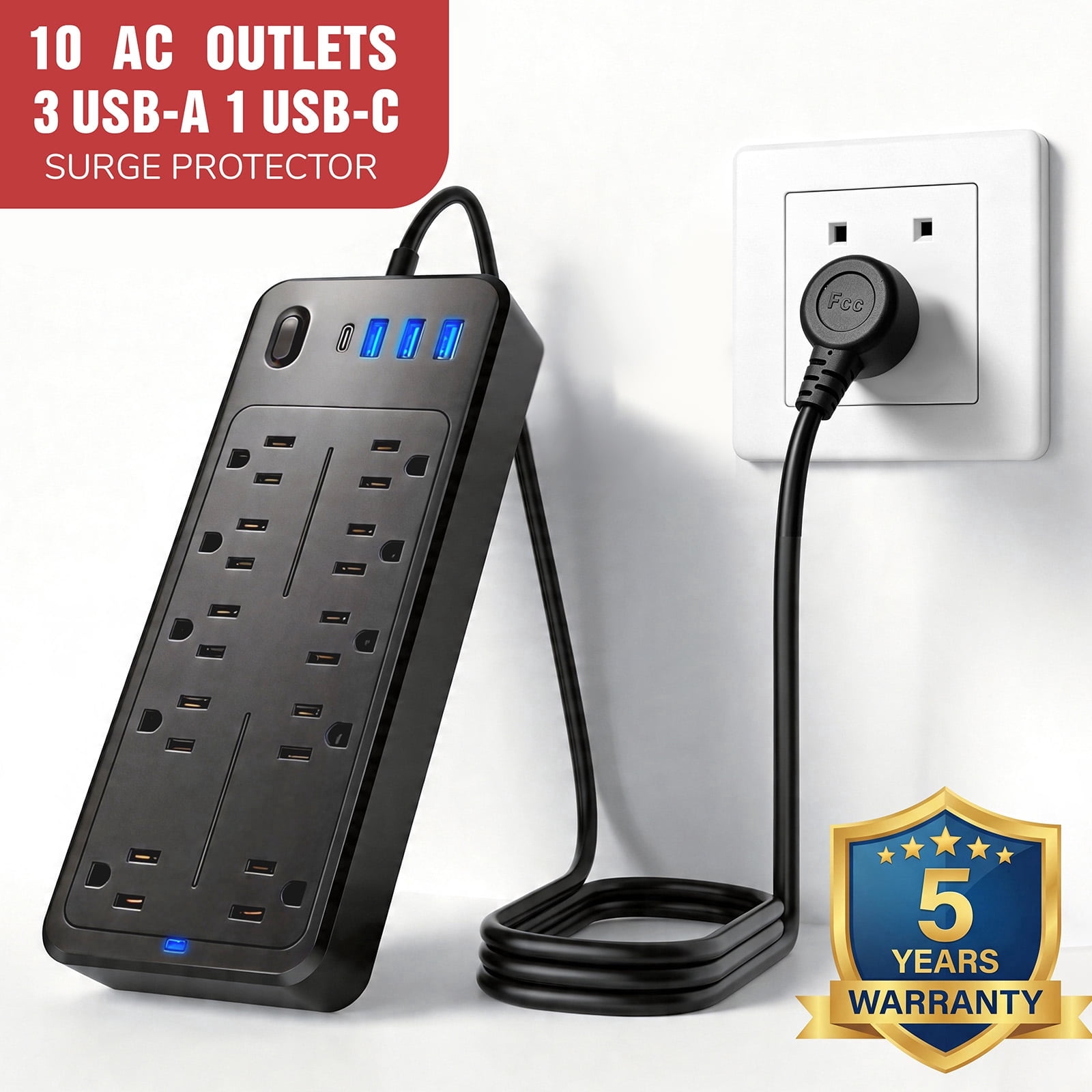LarmTek 10 Outlet Power Strip Surge Protector with 4 USB Ports, 4ft Extension Cord, Black