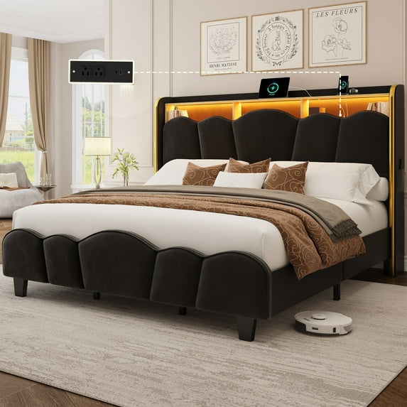 Breltam Bed Frame with Flower Shape Upholstered Headboard and Storage Shelf,with Charging Station and LED Lights,Gold Trim Wingback