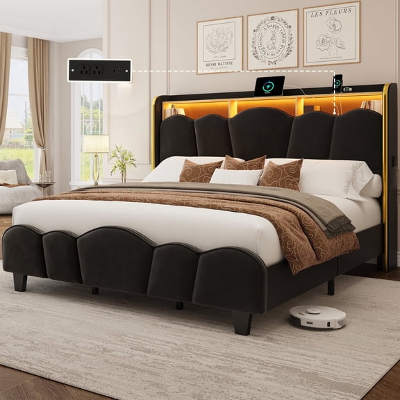 Breltam Bed Frame with Flower Shape Upholstered Headboard and Storage Shelf,with Charging Station and LED Lights,Gold Trim Wingback