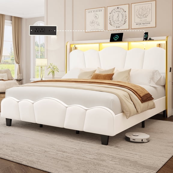 Breltam Bed Frame with Flower Shape Upholstered Headboard and Storage Shelf,with Charging Station and LED Lights,Gold Trim Wingback