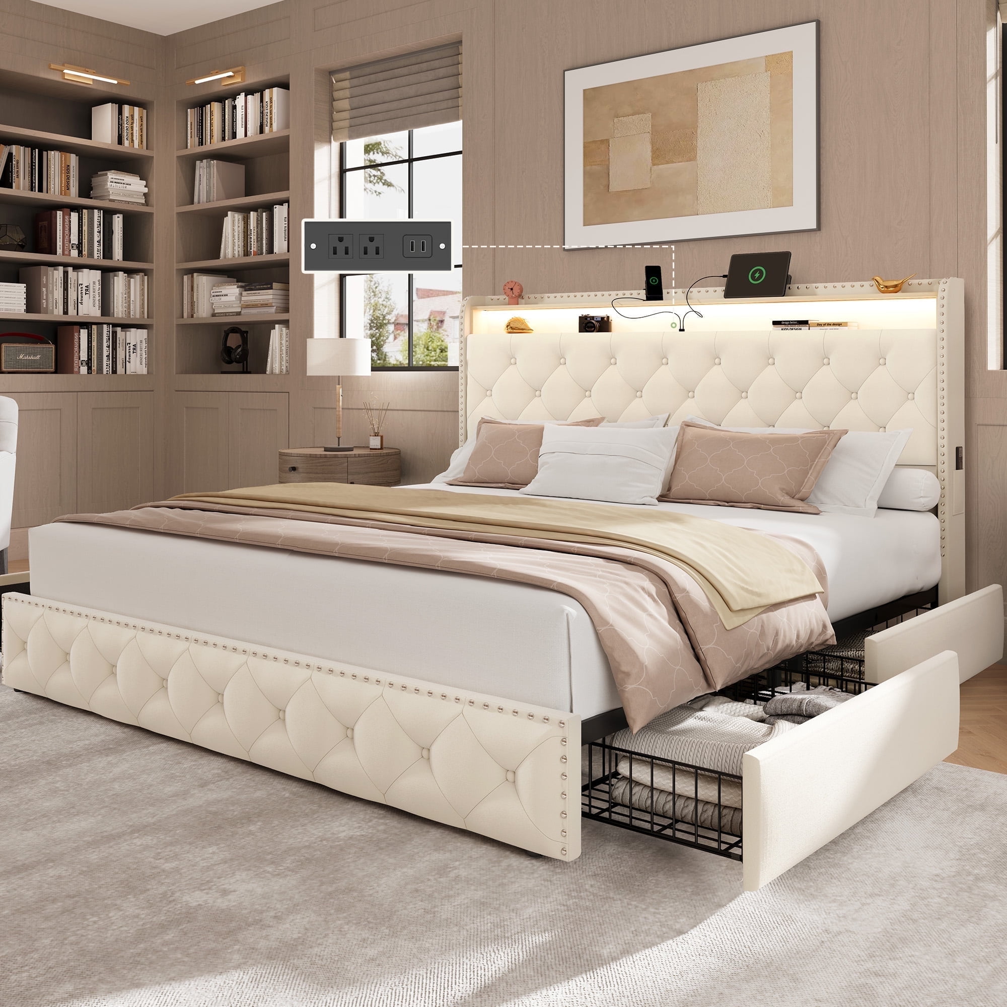 Breltam Velvet Upholstered Bed with Storage Drawers, King Size Platform ...
