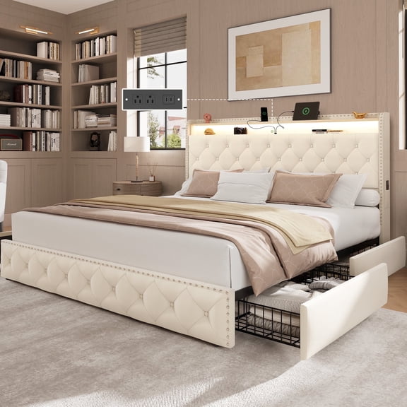 Breltam Velvet Upholstered Bed with Storage Drawers, King Size Platform Bed with LED Lights & Charging Station&Storage Shelves, Beige