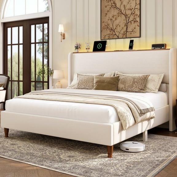 Breltam Upholstered Platform Bed with Wingback Headboard, Queen Bed Frame with LED Lights and Charging Station, Beige