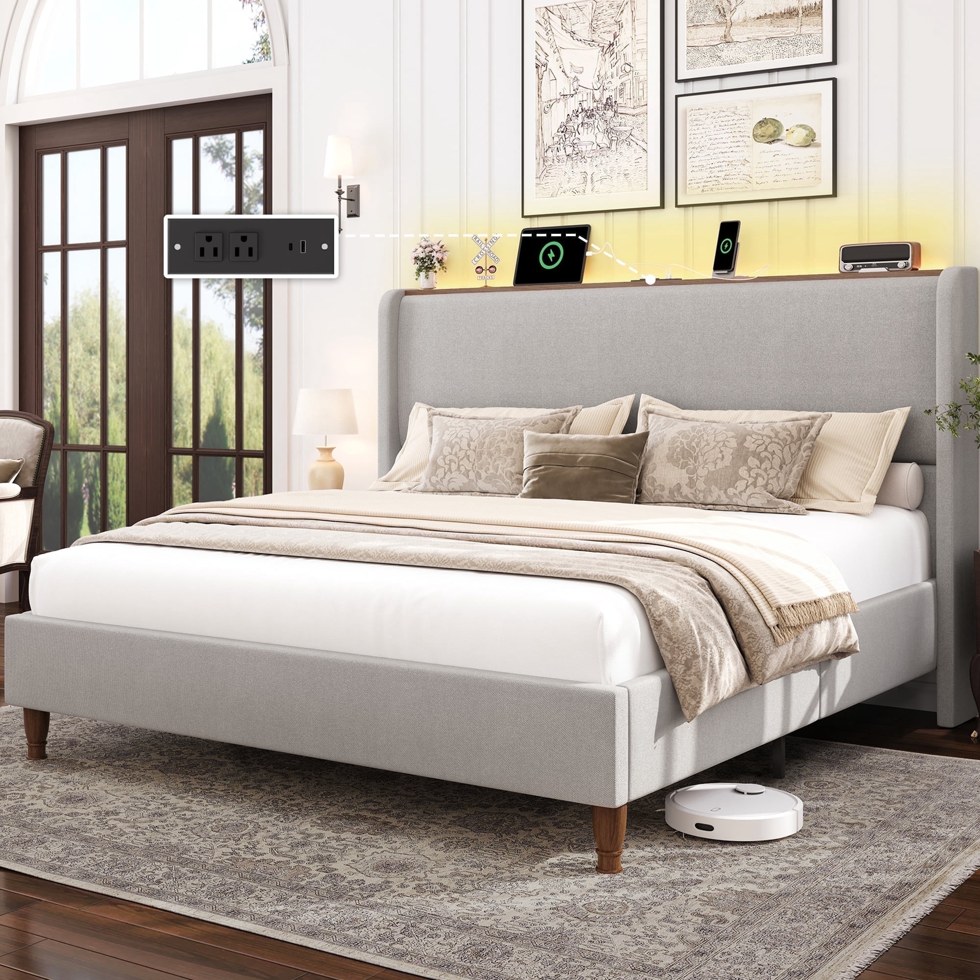 Breltam Upholstered Platform Bed with Wingback Headboard, Queen Size Bed with LED Lights and Charging Station, Light Gray