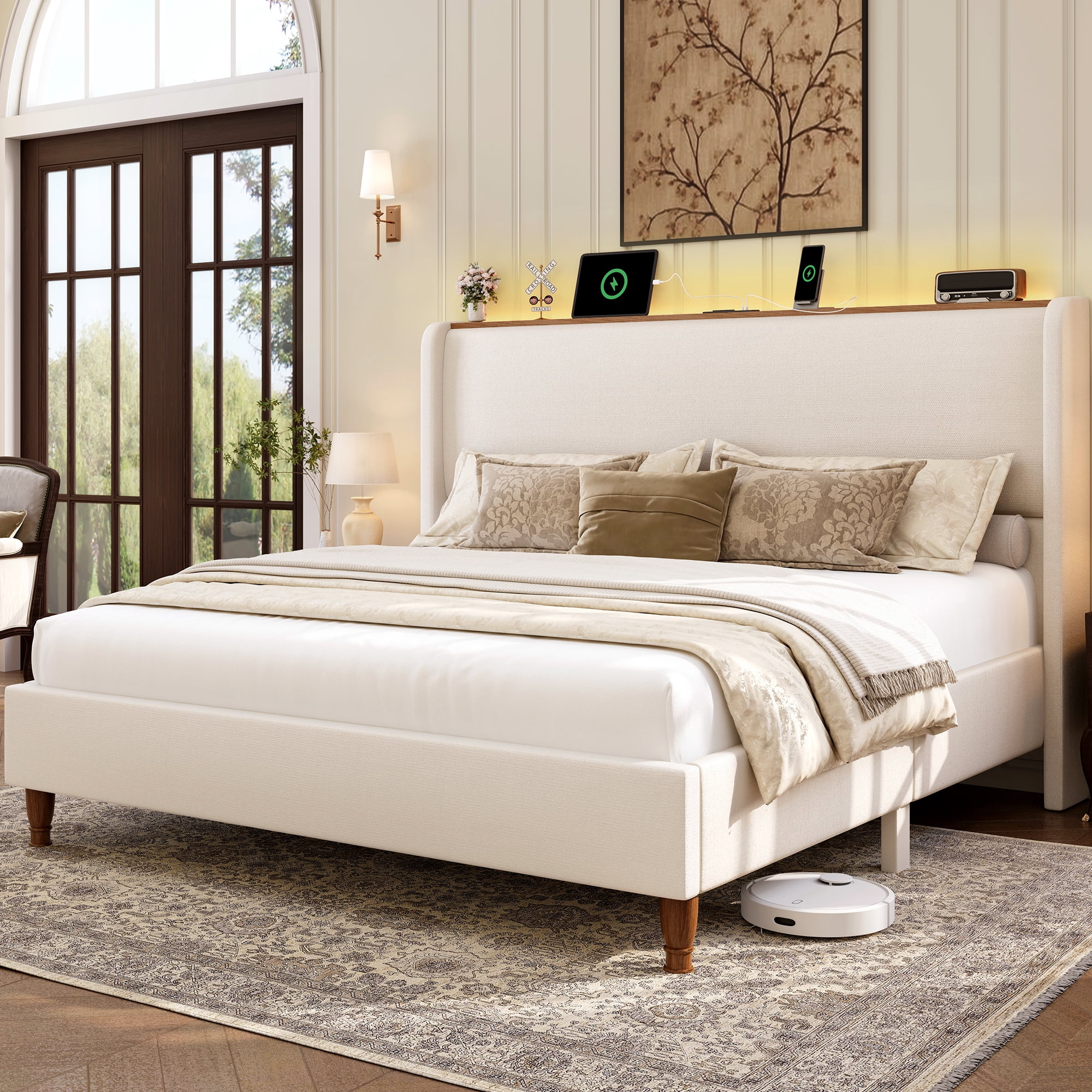 Larmace Linen Upholstered Platform Bed Frame with LED Lights and Charging Station, 51.2" Tall Wingback Headboard and Storage Shelf - Walmart.com