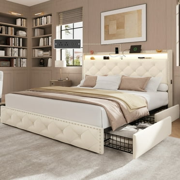 Larmace Queen Bed Frame with 4 Storage Drawers and Charging Station, Velvet Upholstered Platform Bed Frame with LED Headboard, Noise Free, Easy Assembly, Beige