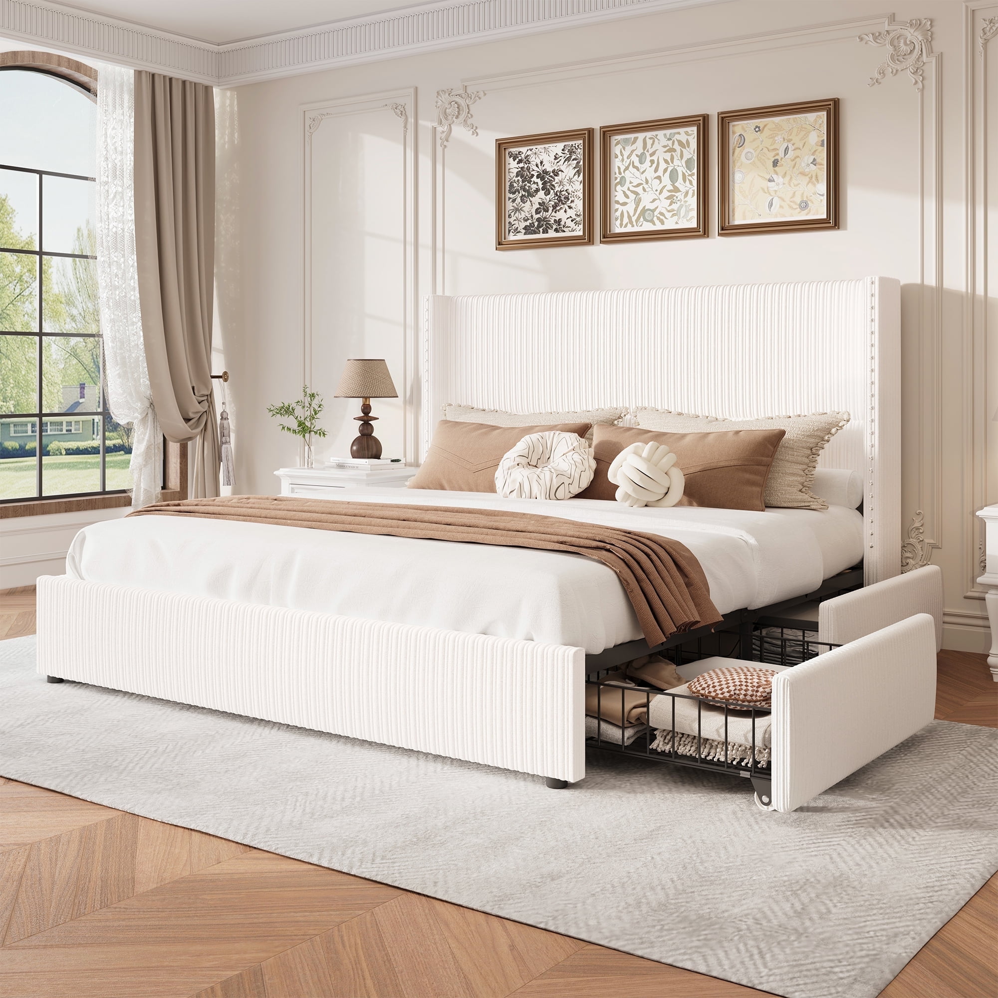 Larmace Upholstered Corduroy Bed Frame King Size with 4 Storage Drawers,Platform Bed Frame with Vertical Stripe Wingback Headboard,Beige