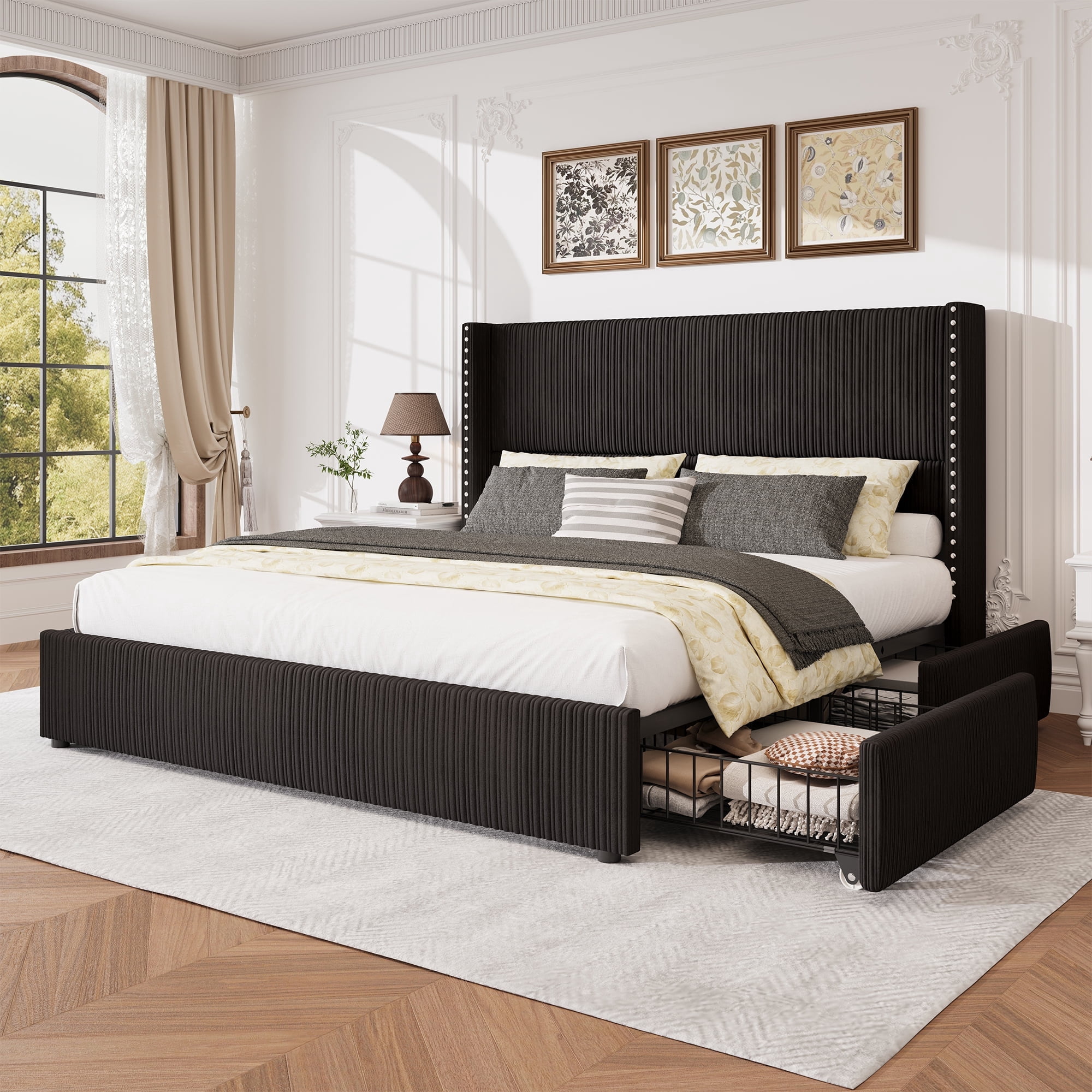 Breltam Upholstered Corduroy Bed Frame King Size with 4 Storage Drawers ...