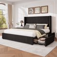 thumbnail image 1 of Larmace Upholstered Corduroy Bed Frame Queen Size with 4 Storage Drawers,Platform Bed Frame with Vertical Stripe Wingback Headboard,Black, 1 of 11