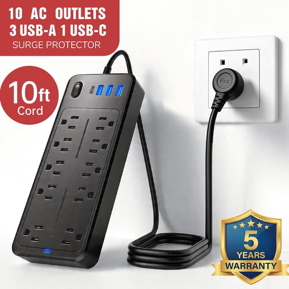 Larmtek 10-Outlet Surge Protector Power Strip with 4 USB Ports - 10 ft Extension Cord, Plug & Computer Safe,Black