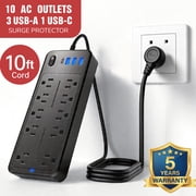Larmtek 10-Outlet Surge Protector Power Strip with 4 USB Ports - 10 ft Extension Cord, Plug & Computer Safe,Black