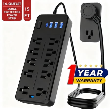 Larmtek 10-Outlet Surge Protector Power Strip with 4 USB Ports - 15 ft Extension Cord, Plug & Computer Safe,Black