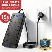 Larmtek 10-Outlet Surge Protector Power Strip with 4 USB Ports - 15 ft Extension Cord, Plug & Computer Safe,Black