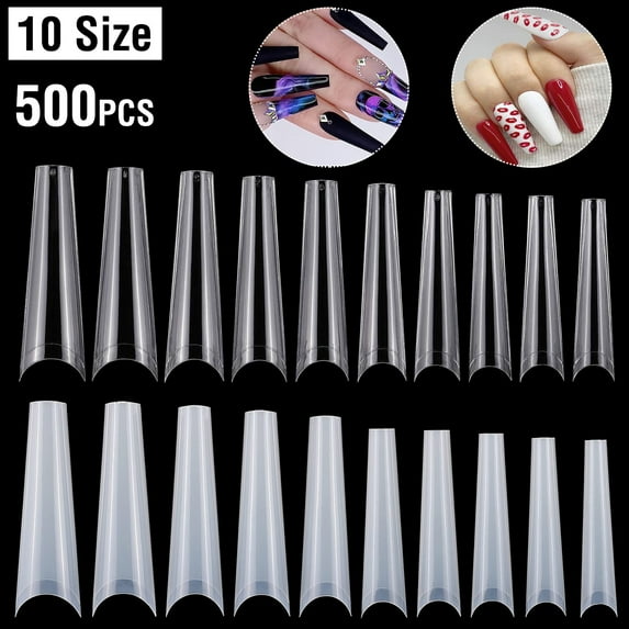 Laromni 500Pcs False Nail Tips C Curve Half Cover French Nails Extra Long Fake Finger Nails for Nail Art Salons Home DIY 10 Sizes Transparent