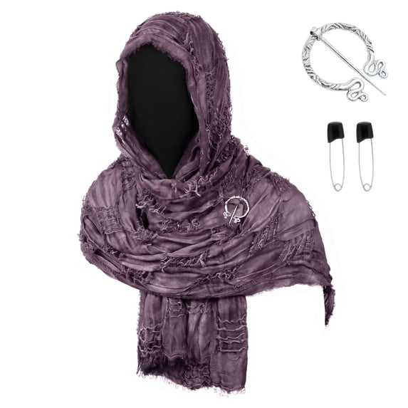 Larp Cosplay Accessory, Frayed Medieval Hooded Scarf Cosplay Accessory, Crinkled Renaissance Warrior Head Wrap With Viking Pin Safety Pins for Halloween Larp Party, Dark Purple One Size