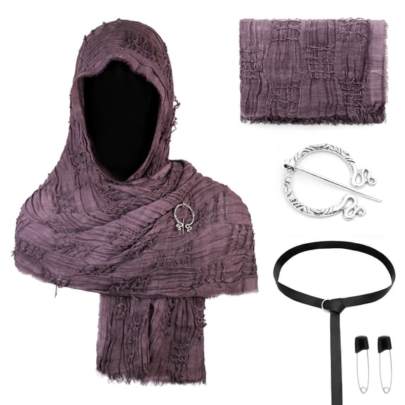 Larp Warrior Costume Prop, Distressed Medieval Hooded Shawl Accessory Kit, Crinkled Renaissance Cosplay Head Wrap With Viking Pin Leather Belt for Halloween Larp Warrior Costume, Dark Purple One Size