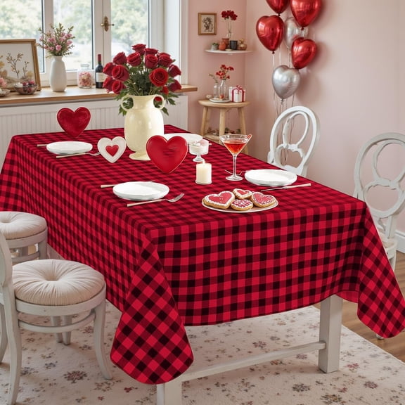 Larponder Buffalo Plaid Vinyl Valentines Day Tablecloth Rectangle with Flannel Backing, Waterproof & Anti-Slip Heavy Table Cloth, Plastic Table Cover for Dining, Party, Outdoor