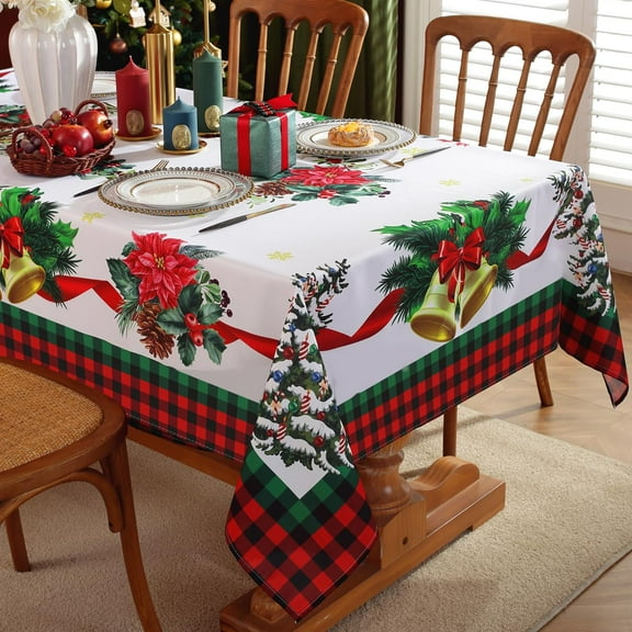 Larponder Christmas Poinsettia Plaid Tablecloth Table Cloth Washable Spillproof Wrinkle Resistant Xmas Table Cover for Dinner, Holiday Gatherings, Winter New Year Parties