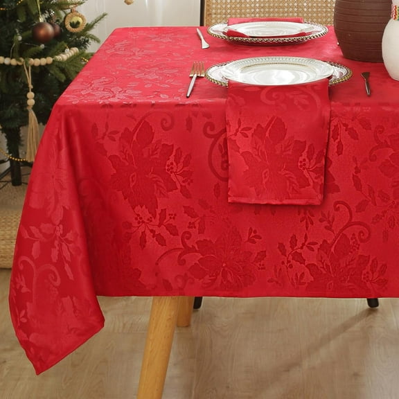 Larponder Christmas Tablecloth Rectangle Poinsettia Jacquard Xmas Tablecloths, Spillproof Anti-Wrinkle Damask Fabric Table Cover for Winter, Xmas & Holiday Parties