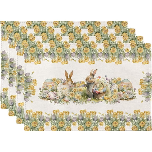 Larponder Easter Place Mats, Flower Retro Placemats with Rabbit Pattern Designs, for Holiday Celebration, Spring Kitchen, Party,Dinning Decorations