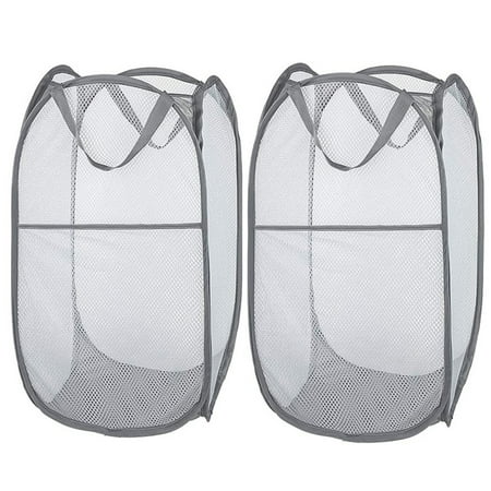 Larpur 2 Pack Collapsible Mesh Popup Laundry Basket, Portable Clothes Washing Hamper, Grey, 75L