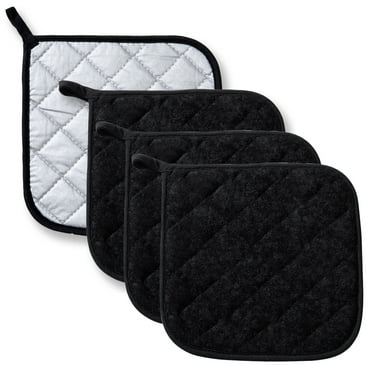 Larpur 7''x7'' Square Hot Pot Holders Cotton Heat Resistant Pad for Kitchen Cooking & Baking, Set of 4, Black