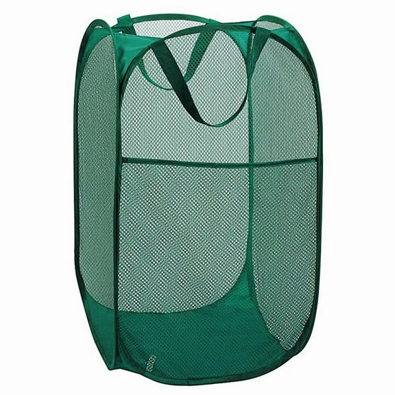 Larpur Mesh Pop Up Laundry Hamper with Side Pocket,Collapsible Laundry Basket, Green
