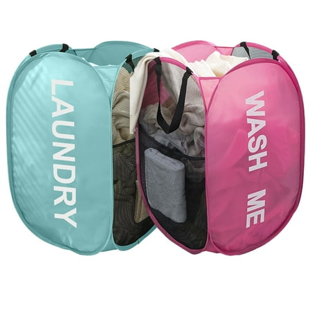 Larpur Pack of 2 Pop up Mesh Hampers for Laundry, Collapsible Laundry Baskets (Pink + Blue)