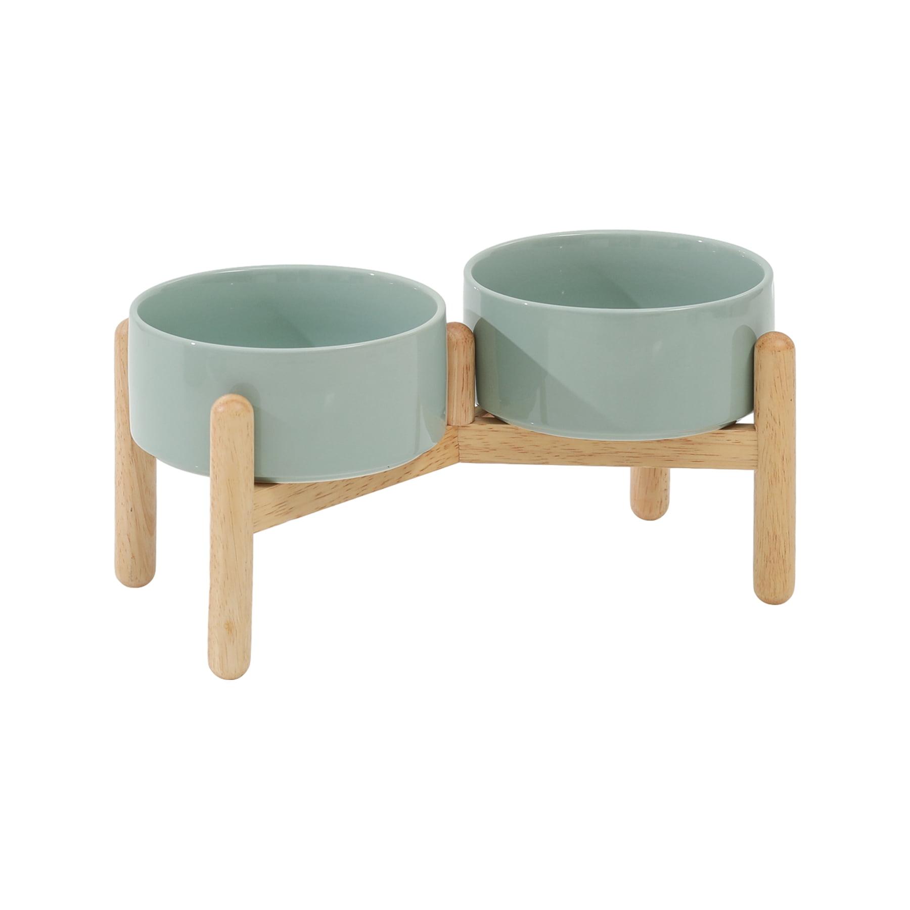 LarqeeWare Ceramic 6.1inch Raised Dog Bowl with Stand for Small and Medium Breed Dog Dish Pet Food and Water Bowl (Double Bowl with Stand - Light Green, 28oz)