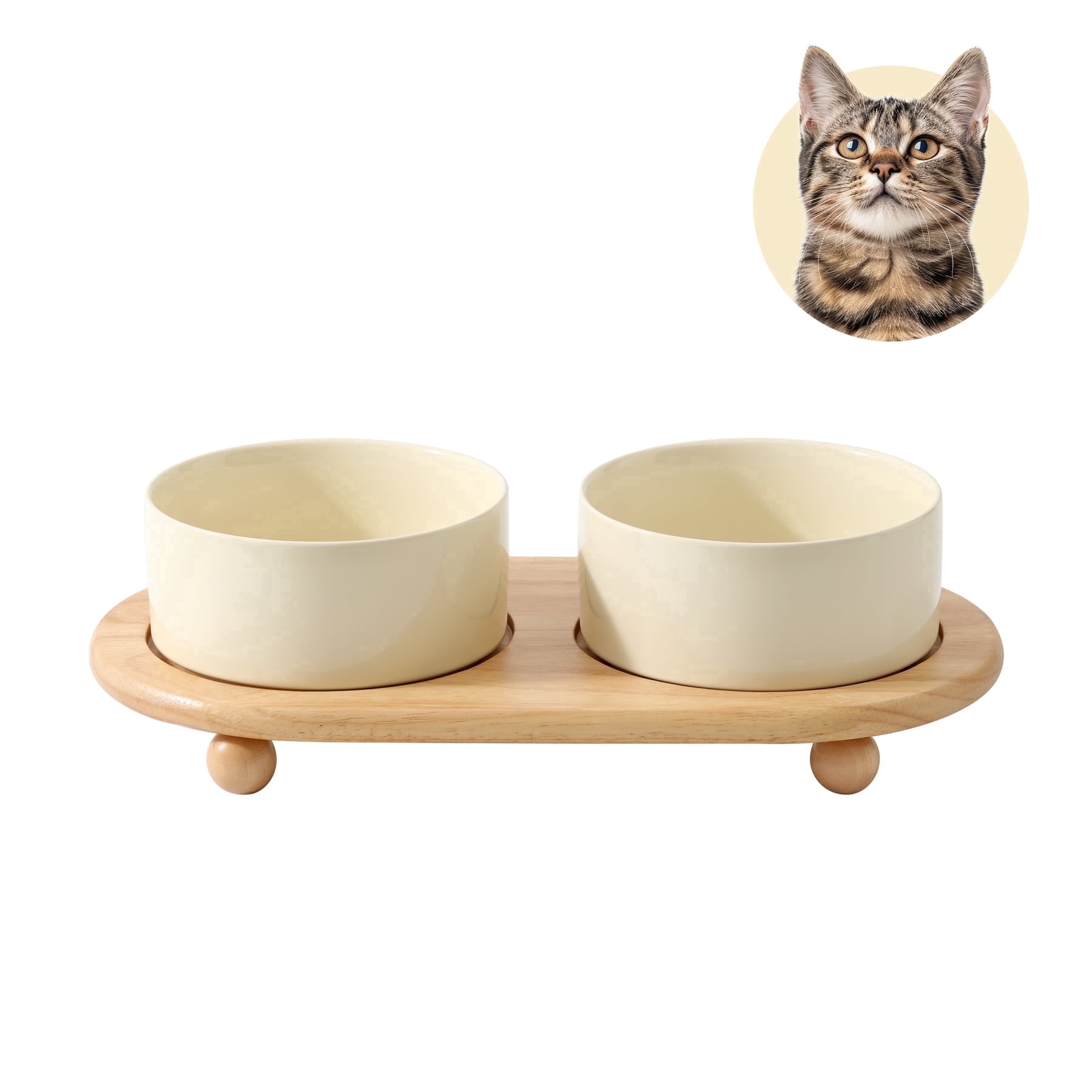 LarqeeWare Ceramic Elevated Cat Food and Water Bowl, Kitty Bowl, Raised Cat Dish, Pet Feeder (5.1 in, 2 x Light Yellow + Stand)