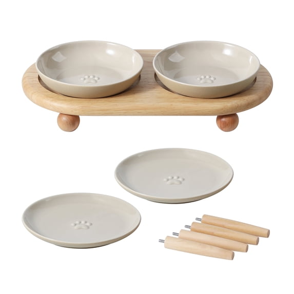 LarqeeWare Ceramic Raised Cat Dishes, Food & Water Bowl with 2 Style Stand Adjustable Pet Bowl Set, Anti Whisker Fatigue(2Dish+2Shallow Dish+Stand)