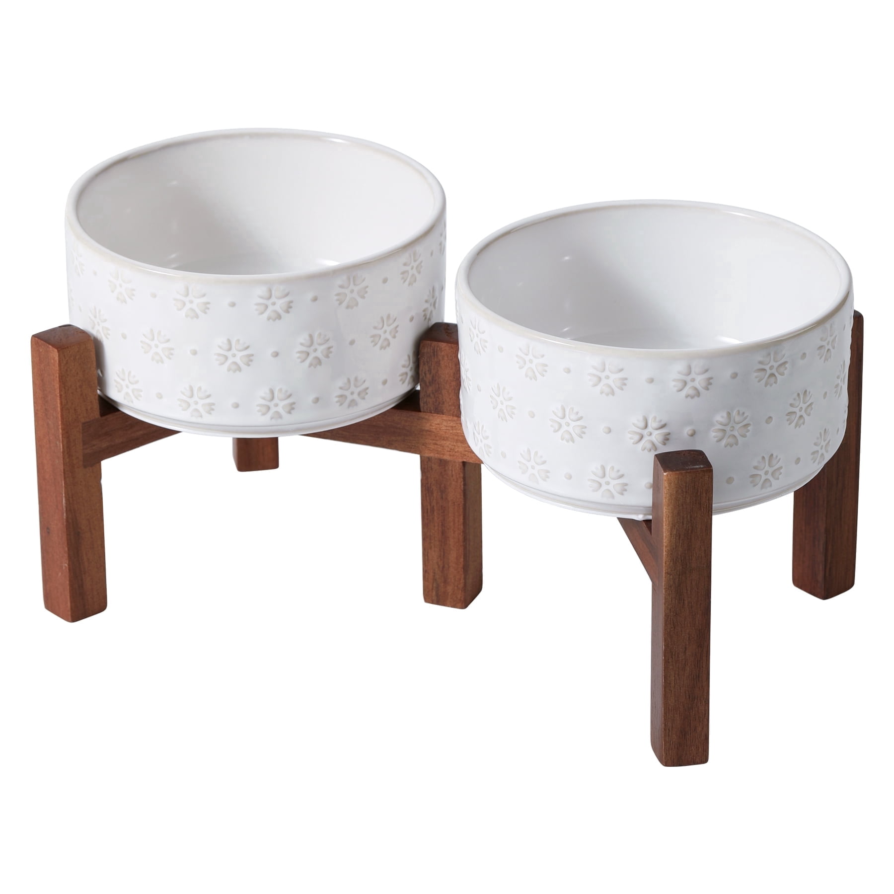 LarqeeWare Ceramic Raised Double Bowls Set with Acacia Wood Stand, 2 Heights Elevated, Food & Water Bowls for Small Breed Dogs, Weighted Dog Dishes, Pet Bowl,6.1inch (27oz, Arctic White)