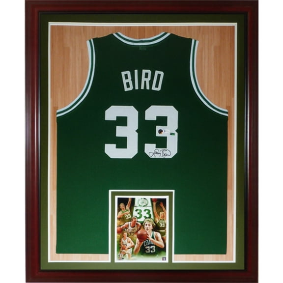 Larry Bird Autographed Boston Celtics (Green #33) Deluxe Framed Jersey - Beckett Witness