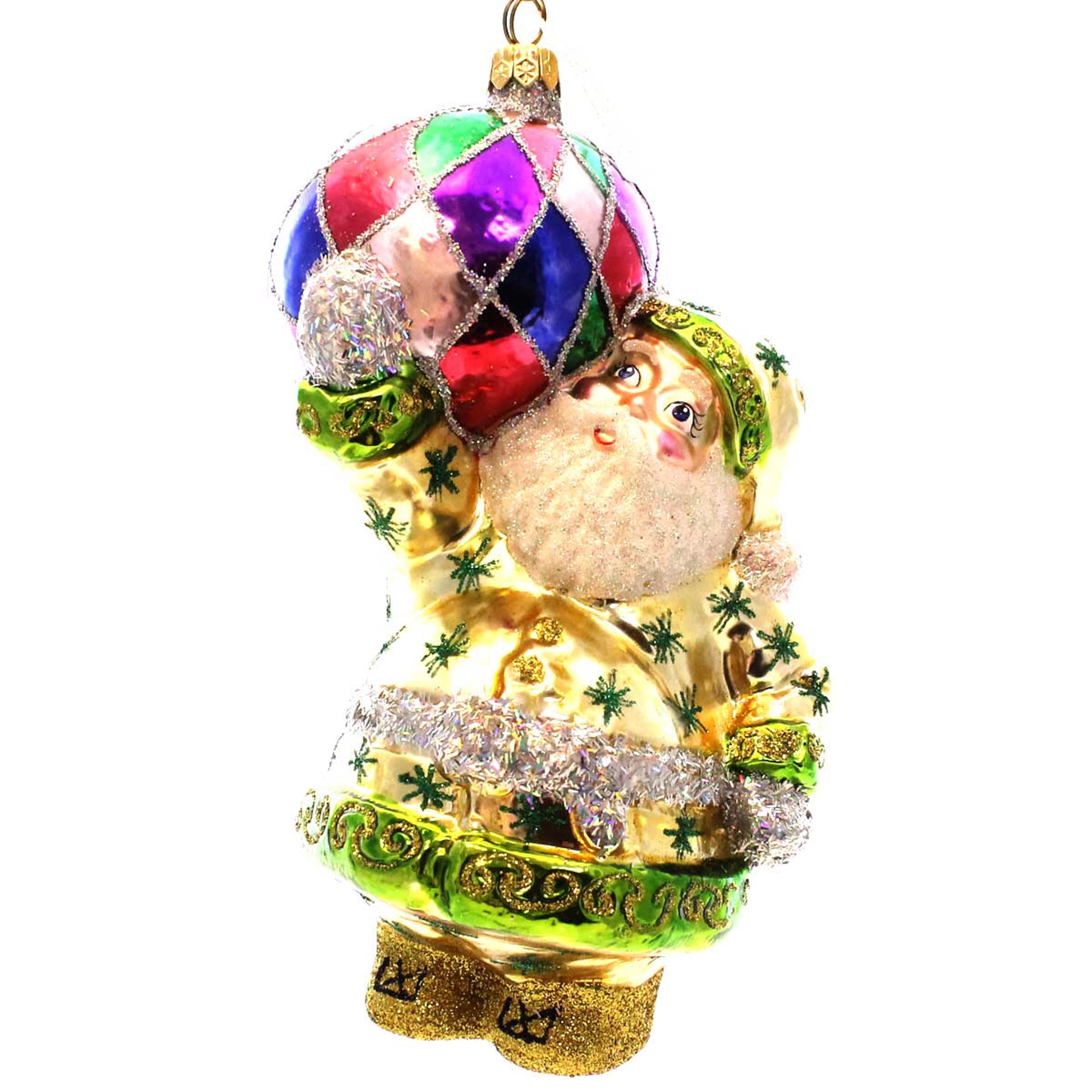 7-Inch Multicolor Glass Santa Ornament with Harlequin Ball