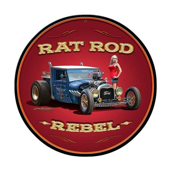 Larry Grossman LG461 Rat Rod Rebel Round Metal Sign