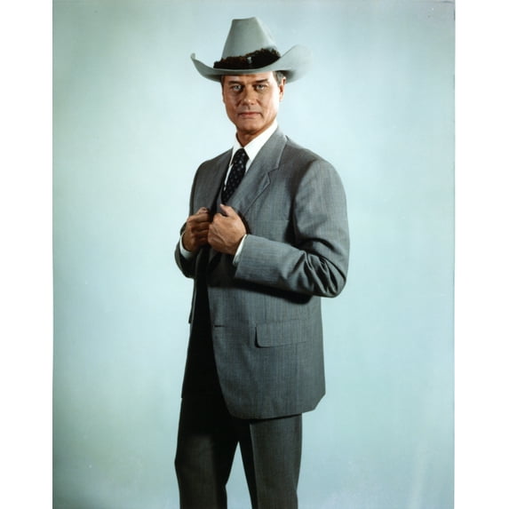 Larry Hagman Posed in Grey Coat with Cowboy Hat Photo Print (8 x 10)