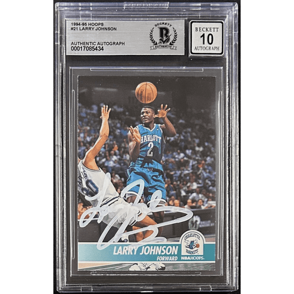 Larry Johnson 1994-95 Hoops Signed Card #21 Beckett 17085434 Hornets Auto 10