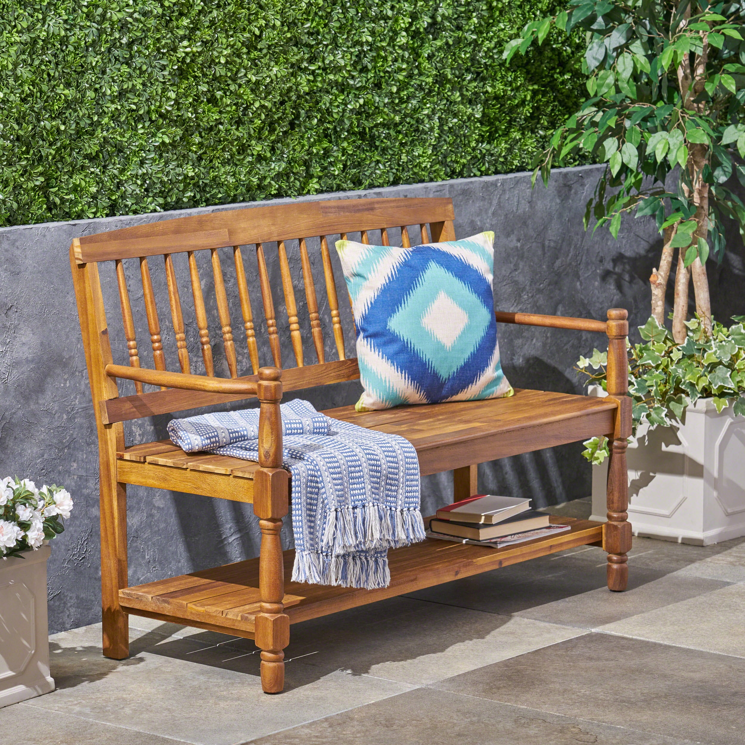 Imperial Outdoor Rustic Acacia Wood Bench with Shelf Teak