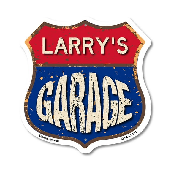 Larry's Garage 12 inch X 12 inch Shield-Shaped Rust-Free Aluminum Metal Sign Weather Resistant, UV Protected To last, Gift for Dads and Uncles Classic Americana Crafted in the USA