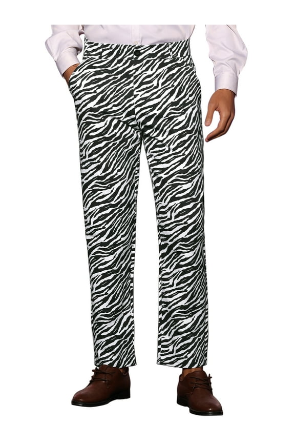 Men's Pants Leopard Animal Print Regular Fit Vintage Flat Front Pants 34 Black White