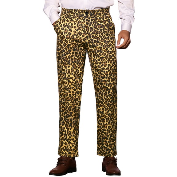 INSPIRE CHIC Men's Pants Leopard Animal Print Regular Fit Vintage Flat Front Pants 32 Brown