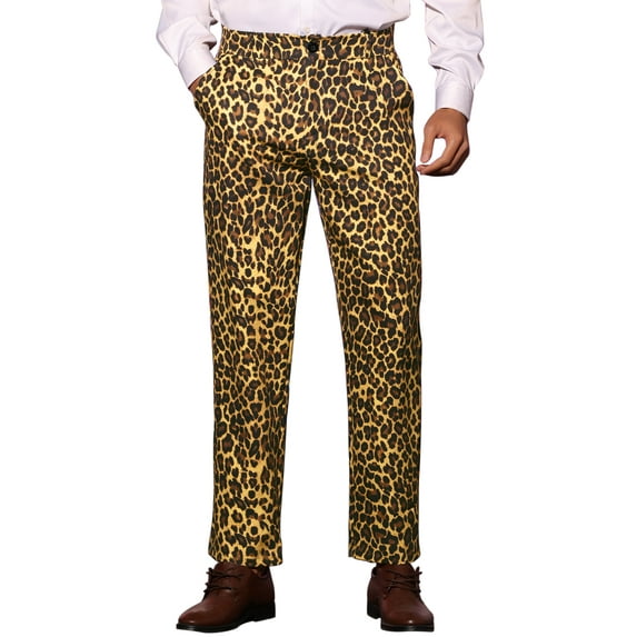 INSPIRE CHIC Men's Pants Leopard Animal Print Regular Fit Vintage Flat Front Pants 36 Brown