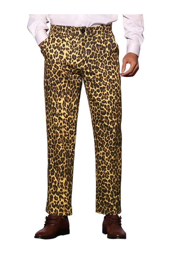 Men's Pants Leopard Animal Print Regular Fit Vintage Flat Front Pants 36 Brown