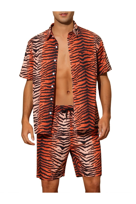 Animal Printed Shirts for Men's Short Sleeves Hawaiian Set 2 Pieces Summer Outfit XL Red