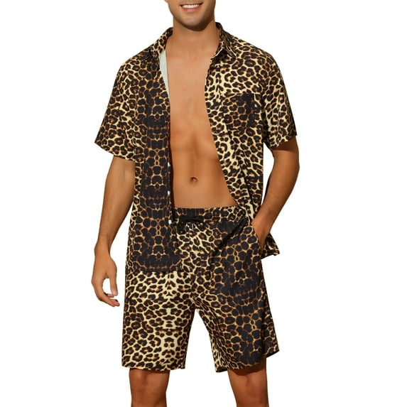 INSPIRE CHIC Animal Printed Shirts for Men's Short Sleeves Hawaiian Set 2 Pieces Summer Outfit M Brown